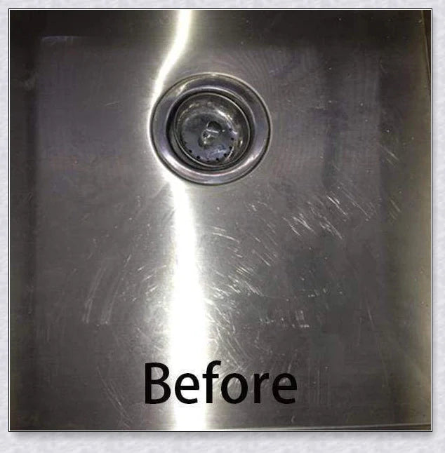 Stainless steel scratch eraser kit that safely removes oxidation, corrosion, and rust from metal surfaces, restoring a brilliant shine.