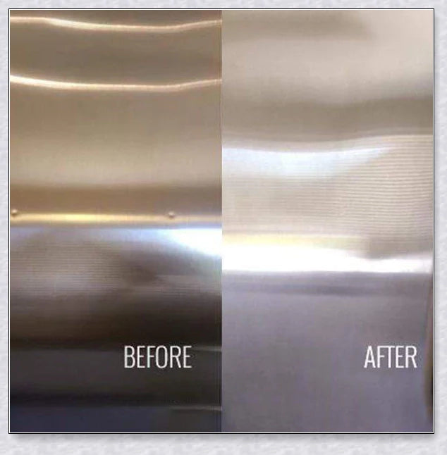 Stainless steel scratch eraser kit that safely removes oxidation, corrosion, and rust from metal surfaces, restoring a brilliant shine.