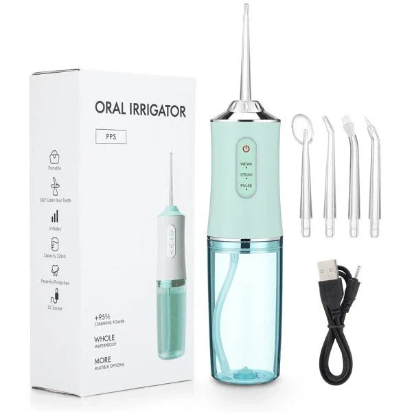 Cordless Water Flosser with 3 cleaning modes and 4 interchangeable nozzles for deep plaque removal and improved gum health