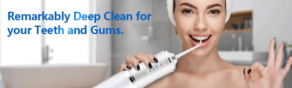 Cordless Water Flosser with 3 cleaning modes and 4 interchangeable nozzles for deep plaque removal and improved gum health