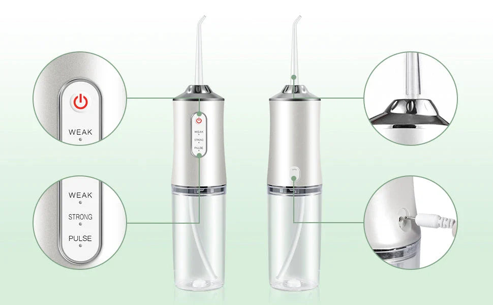 Cordless Water Flosser with 3 cleaning modes and 4 interchangeable nozzles for deep plaque removal and improved gum health