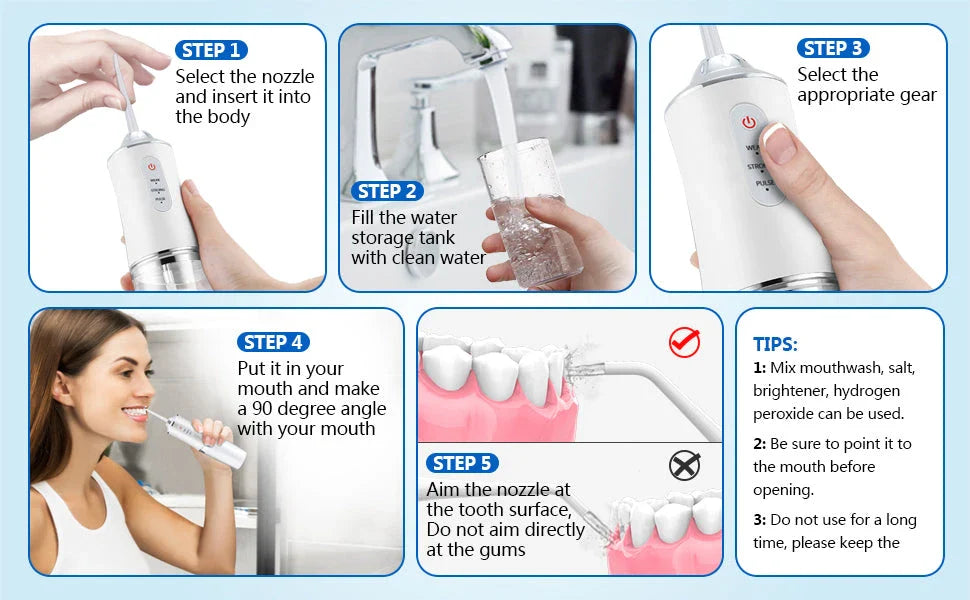Cordless Water Flosser with 3 cleaning modes and 4 interchangeable nozzles for deep plaque removal and improved gum health