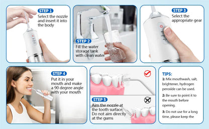 Cordless Water Flosser with 3 cleaning modes and 4 interchangeable nozzles for deep plaque removal and improved gum health