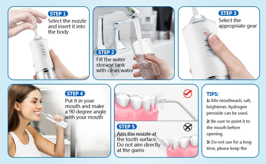 Cordless Water Flosser with 3 cleaning modes and 4 interchangeable nozzles for deep plaque removal and improved gum health