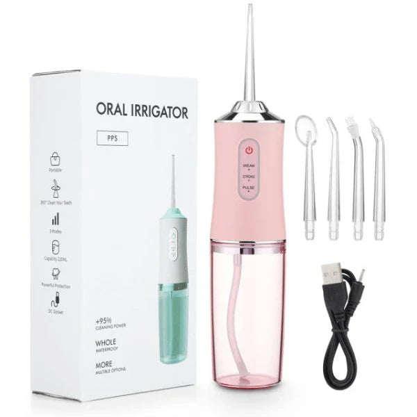 Cordless Water Flosser with 3 cleaning modes and 4 interchangeable nozzles for deep plaque removal and improved gum health