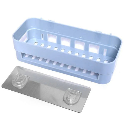 A modern, minimalist bathroom adhesive shelf made of stainless steel and tempered glass, providing storage and style