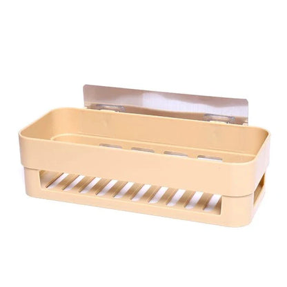 A modern, minimalist bathroom adhesive shelf made of stainless steel and tempered glass, providing storage and style