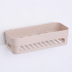 A modern, minimalist bathroom adhesive shelf made of stainless steel and tempered glass, providing storage and style