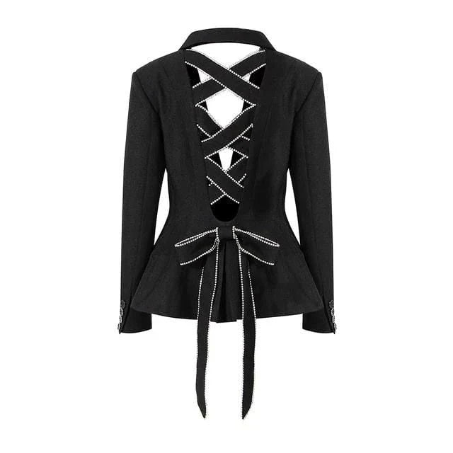 Diamond Hollow Out Bow Tie Women's Blazer - Premium polyester blazer with intricately woven diamond embellishments for a touch of luxury