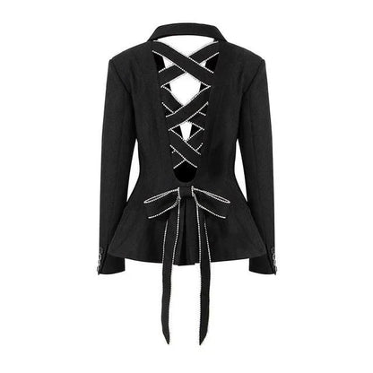 Diamond Hollow Out Bow Tie Women's Blazer - Premium polyester blazer with intricately woven diamond embellishments for a touch of luxury