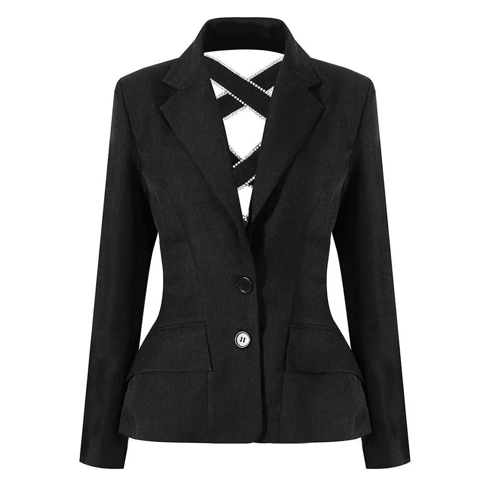 Diamond Hollow Out Bow Tie Women's Blazer - Premium polyester blazer with intricately woven diamond embellishments for a touch of luxury