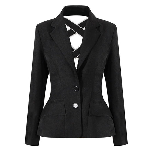 Diamond Hollow Out Bow Tie Women's Blazer - Premium polyester blazer with intricately woven diamond embellishments for a touch of luxury