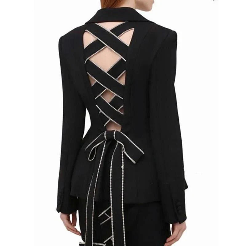 Diamond Hollow Out Bow Tie Women's Blazer - Premium polyester blazer with intricately woven diamond embellishments for a touch of luxury