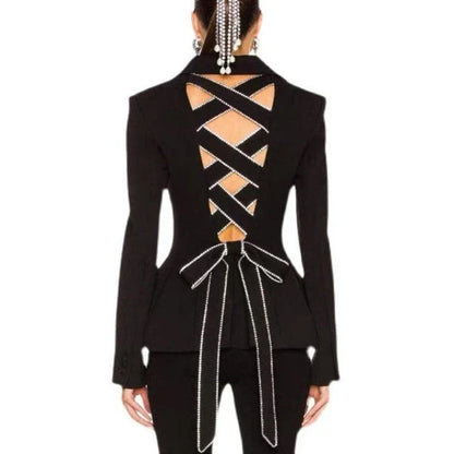 Diamond Hollow Out Bow Tie Women's Blazer - Premium polyester blazer with intricately woven diamond embellishments for a touch of luxury