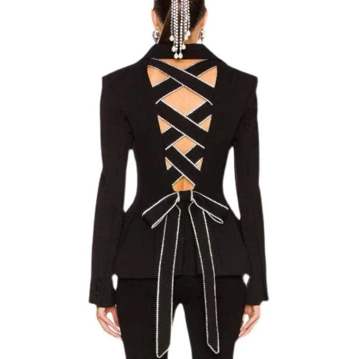 Hhomeenjoy Diamond Hollow Out Bow Tie Women's Blazer