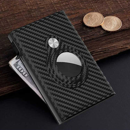 Stylish black and white striped carbon fiber leather card holder with multiple compartments for cards, cash, and ID