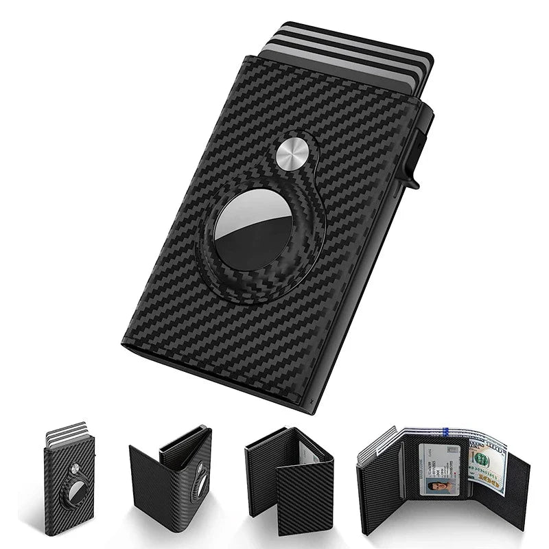 Stylish black and white striped carbon fiber leather card holder with multiple compartments for cards, cash, and ID