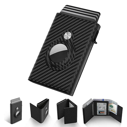 Stylish black and white striped carbon fiber leather card holder with multiple compartments for cards, cash, and ID