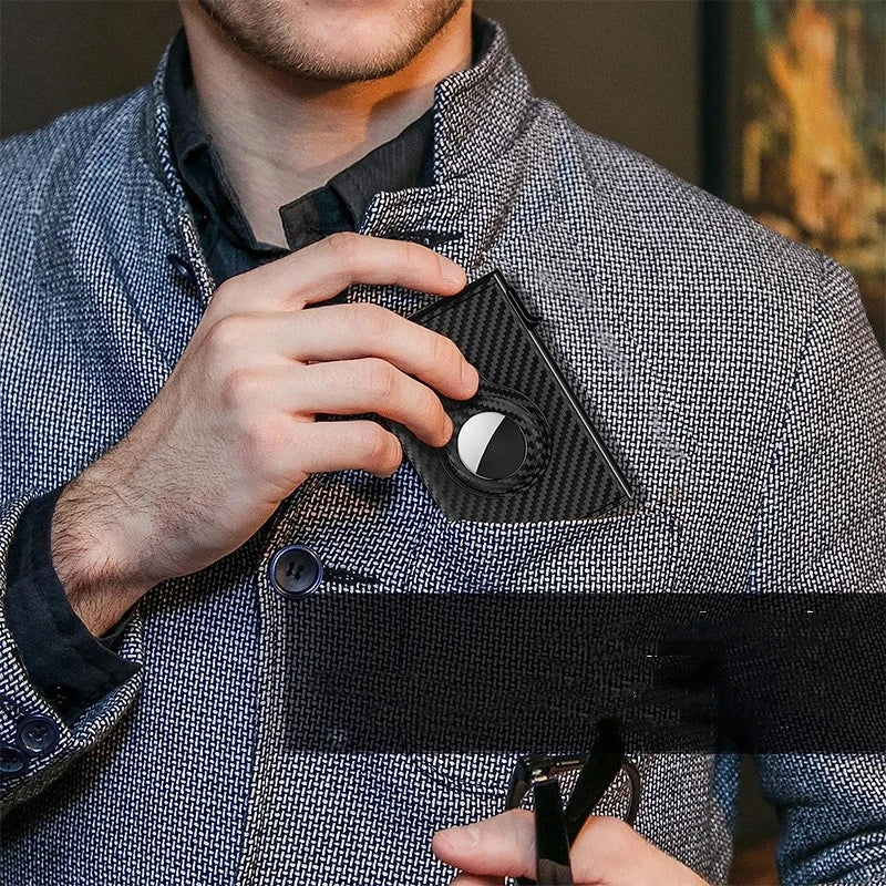 Stylish black and white striped carbon fiber leather card holder with multiple compartments for cards, cash, and ID