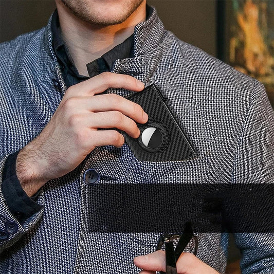 Stylish black and white striped carbon fiber leather card holder with multiple compartments for cards, cash, and ID