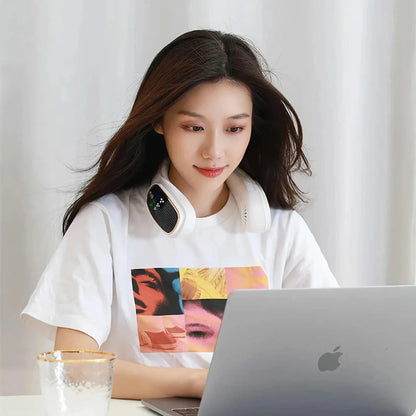 Portable bladeless neck fan with air purifier and LED display for personal cooling and air purification