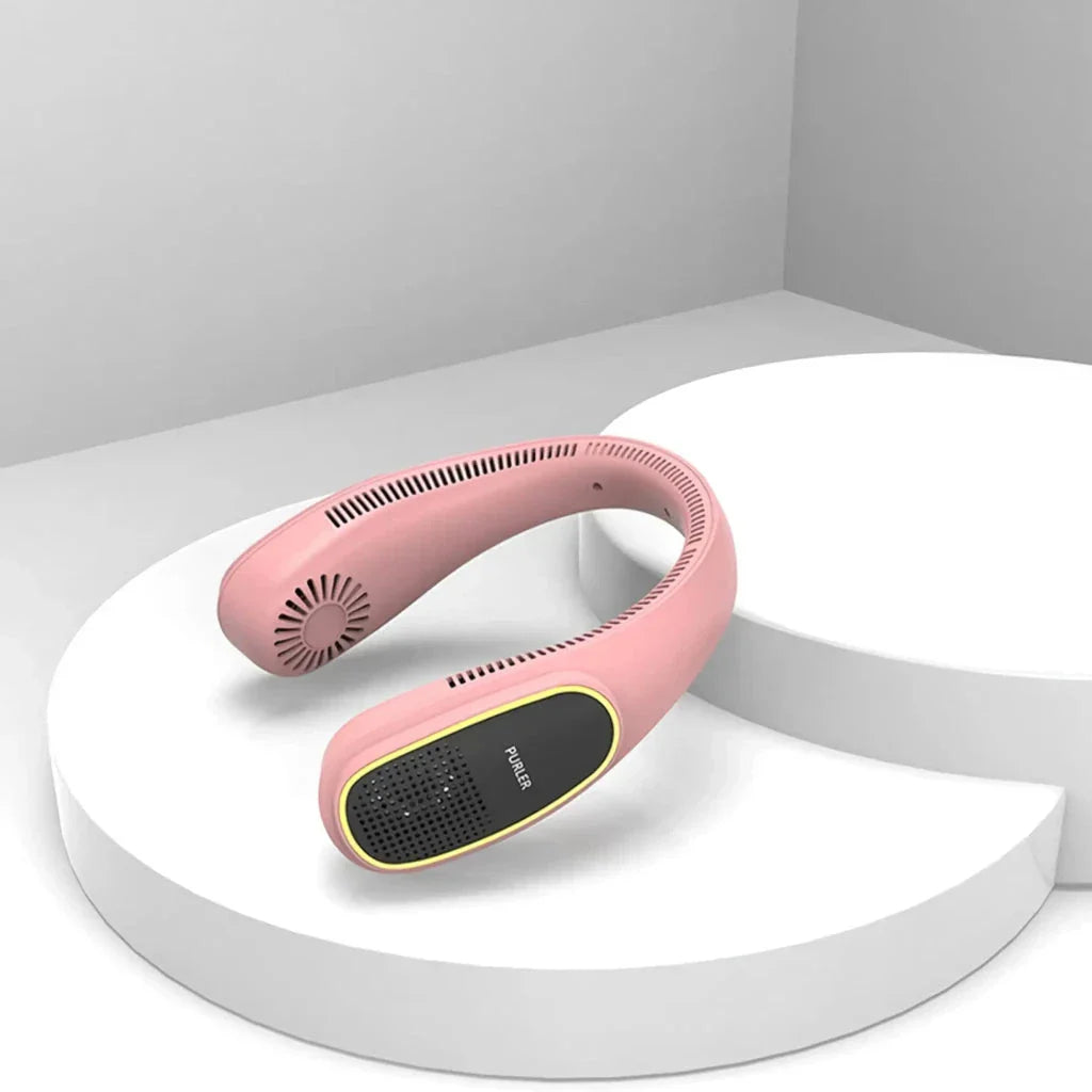 Portable bladeless neck fan with air purifier and LED display for personal cooling and air purification