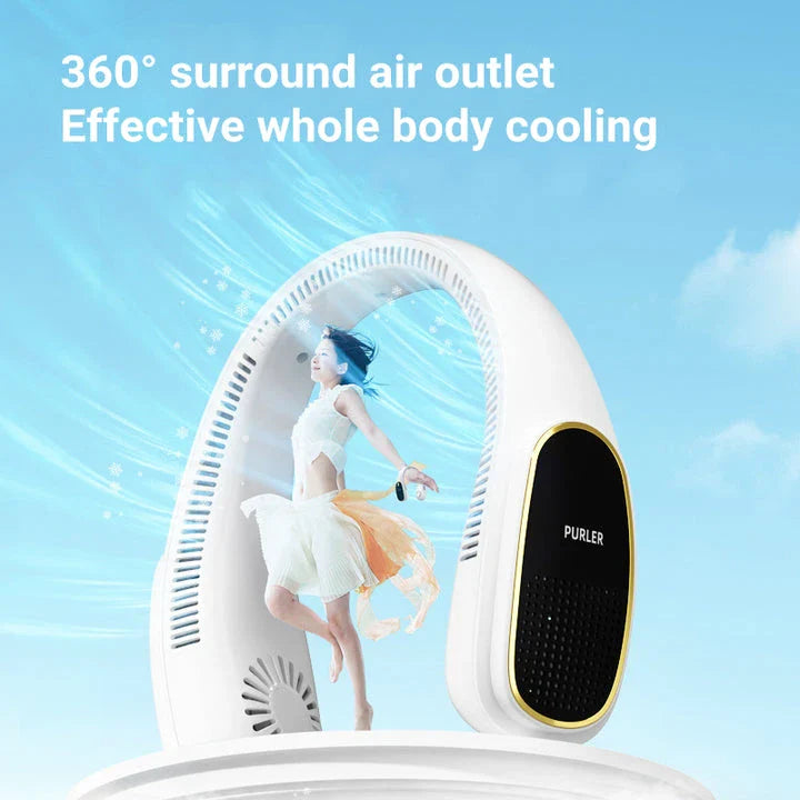 Portable bladeless neck fan with air purifier and LED display for personal cooling and air purification