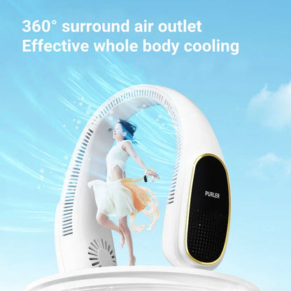 Portable bladeless neck fan with air purifier and LED display for personal cooling and air purification