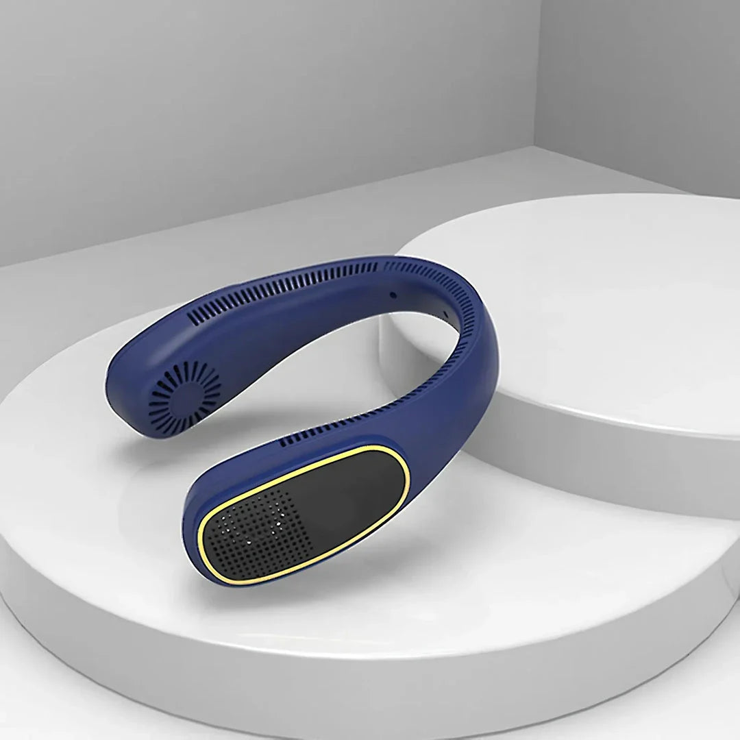 Portable bladeless neck fan with air purifier and LED display for personal cooling and air purification