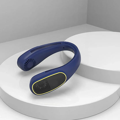 Portable bladeless neck fan with air purifier and LED display for personal cooling and air purification