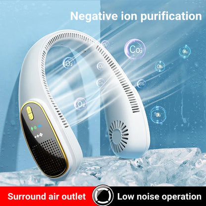 Portable bladeless neck fan with air purifier and LED display for personal cooling and air purification