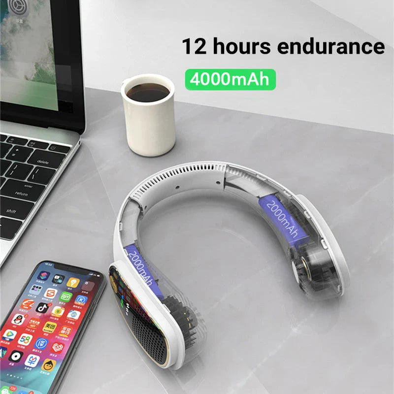 Portable bladeless neck fan with air purifier and LED display for personal cooling and air purification