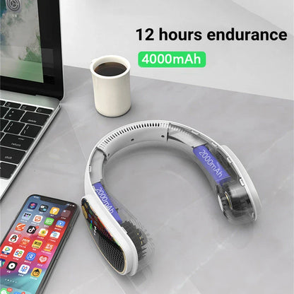 Portable bladeless neck fan with air purifier and LED display for personal cooling and air purification