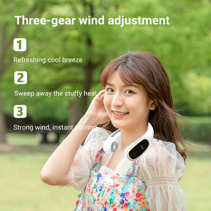 Portable bladeless neck fan with air purifier and LED display for personal cooling and air purification
