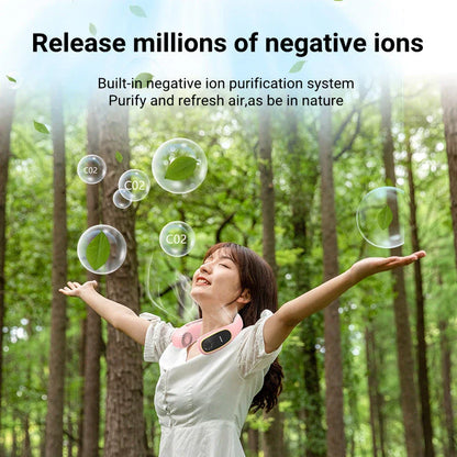 Portable bladeless neck fan with air purifier and LED display for personal cooling and air purification