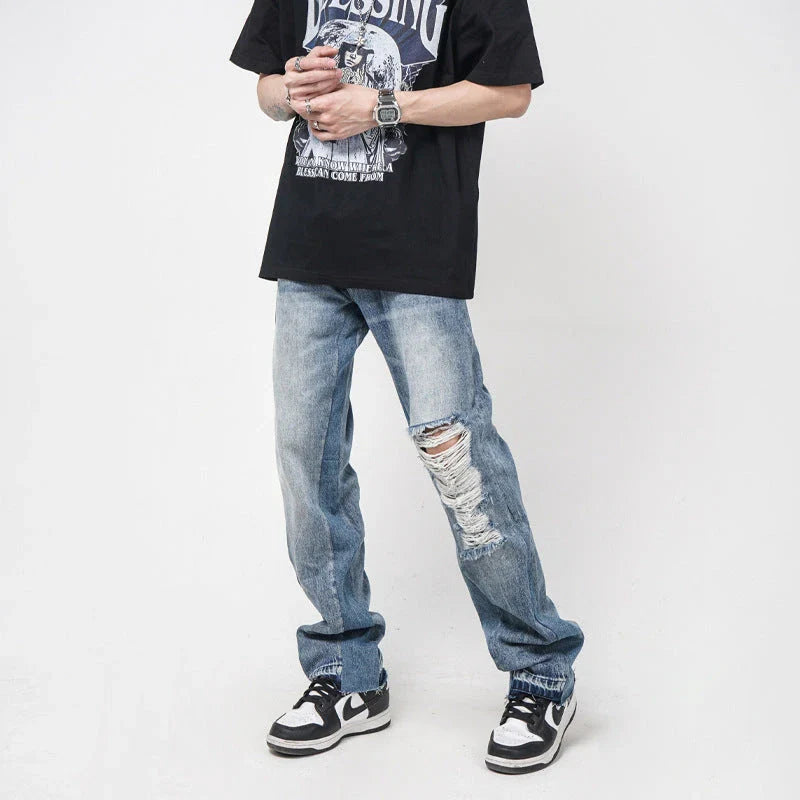 Men's straight-leg jeans with distressed detailing and a relaxed, comfortable fit