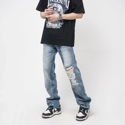 Men's straight-leg jeans with distressed detailing and a relaxed, comfortable fit