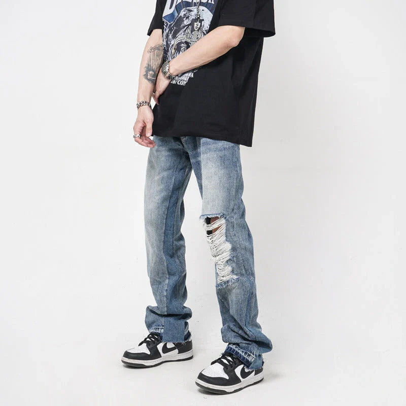 Men's straight-leg jeans with distressed detailing and a relaxed, comfortable fit