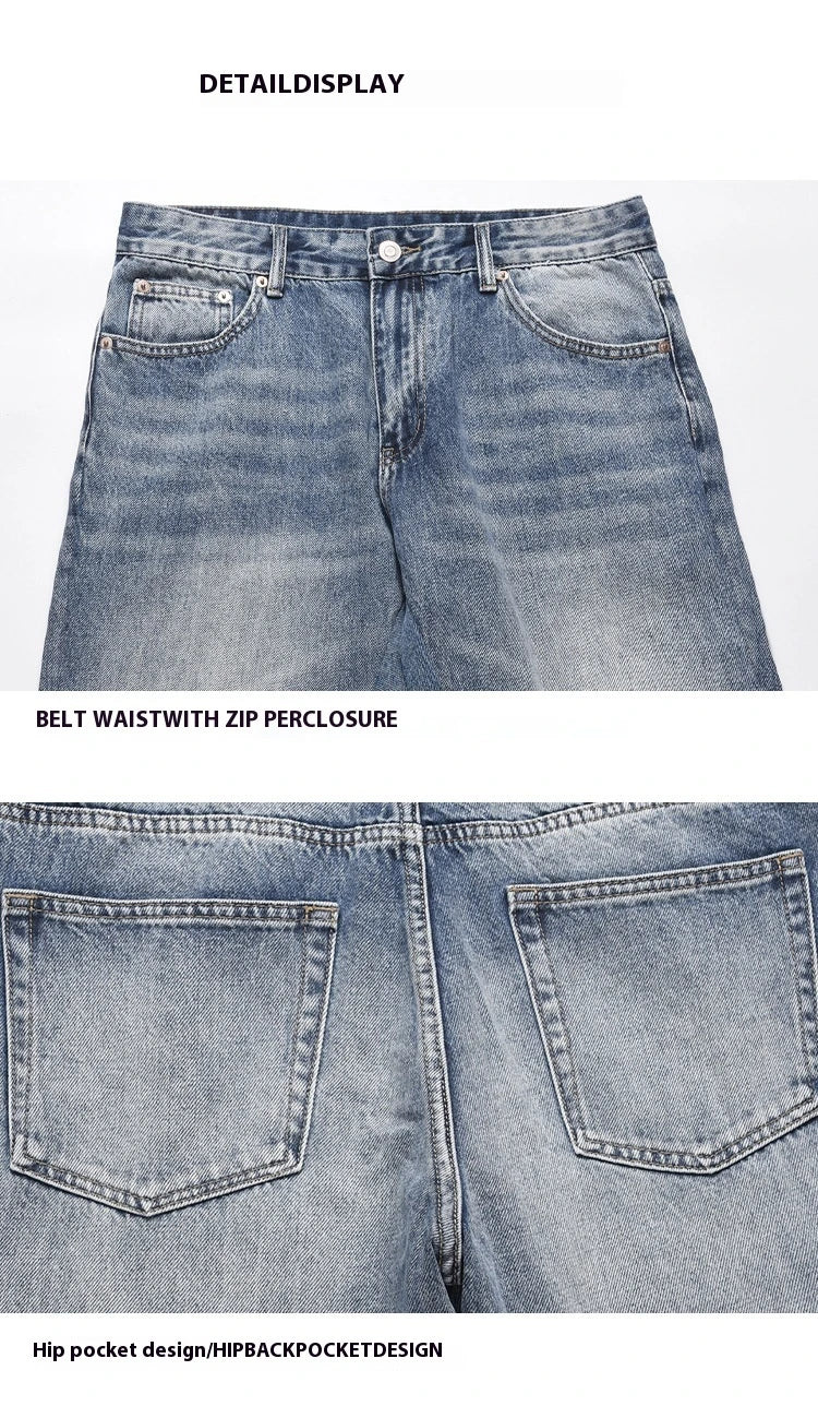 Men's straight-leg jeans with distressed detailing and a relaxed, comfortable fit