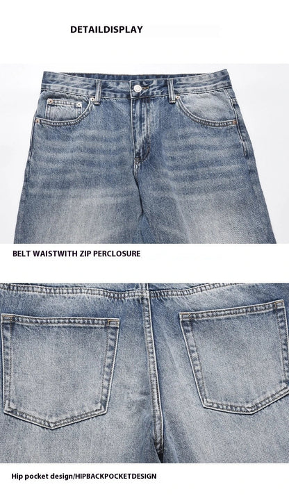 Men's straight-leg jeans with distressed detailing and a relaxed, comfortable fit