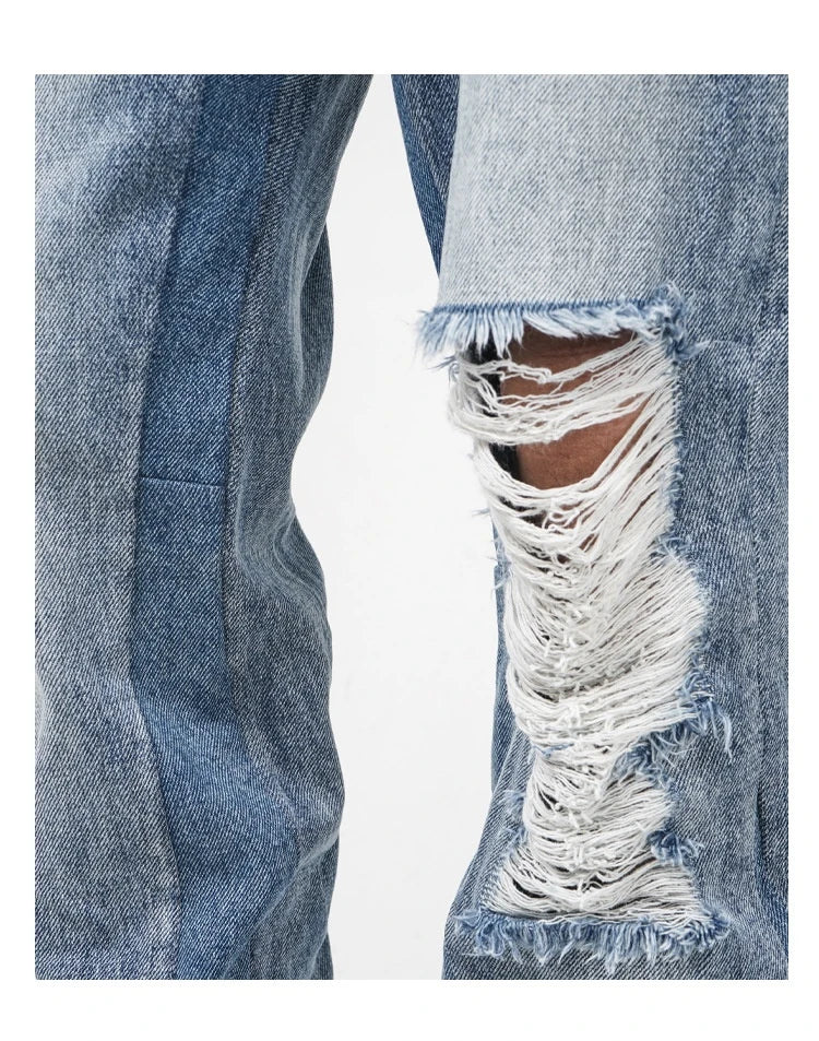 Men's straight-leg jeans with distressed detailing and a relaxed, comfortable fit