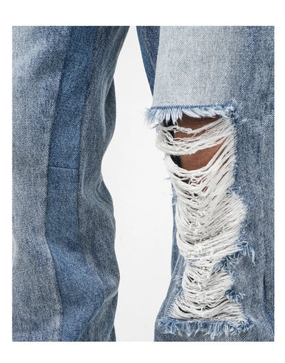 Men's straight-leg jeans with distressed detailing and a relaxed, comfortable fit
