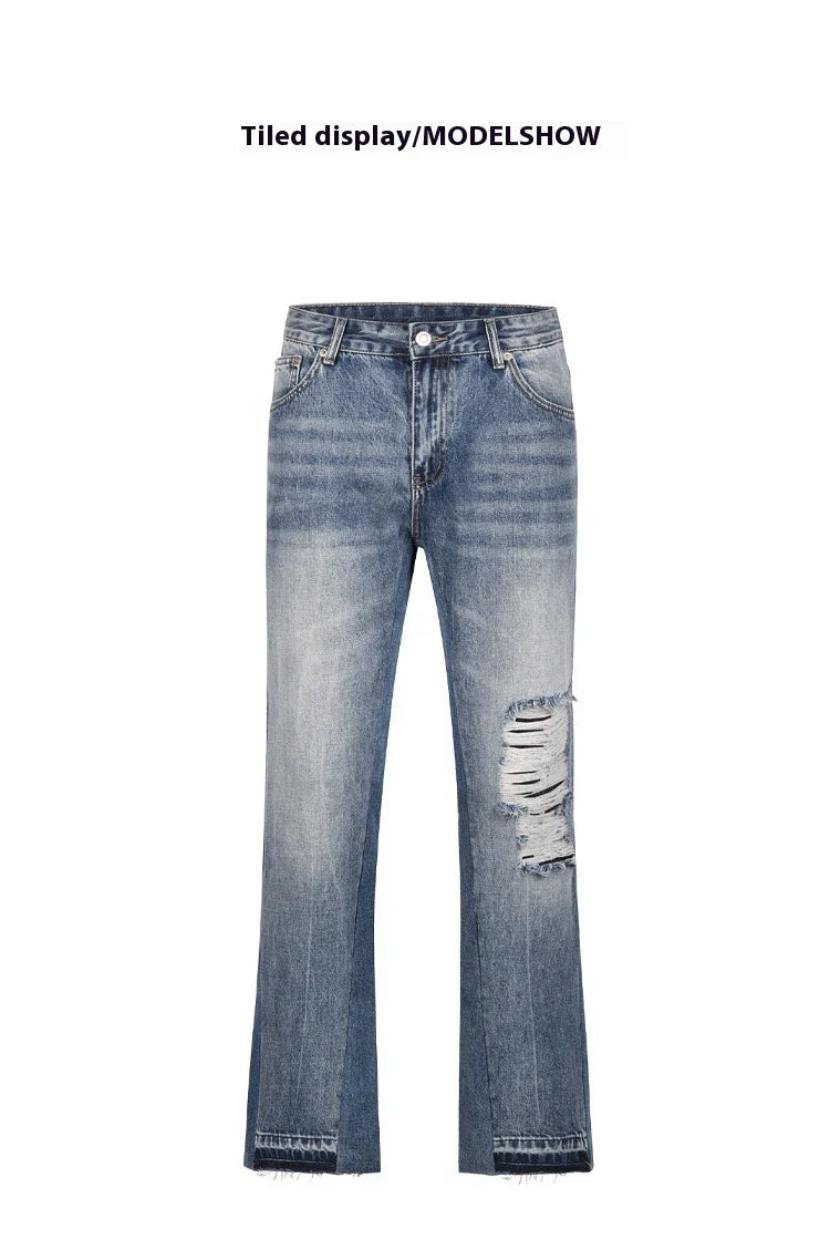 Men's straight-leg jeans with distressed detailing and a relaxed, comfortable fit
