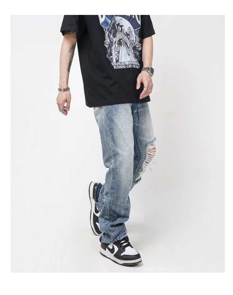 Men's straight-leg jeans with distressed detailing and a relaxed, comfortable fit