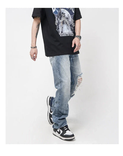 Men's straight-leg jeans with distressed detailing and a relaxed, comfortable fit