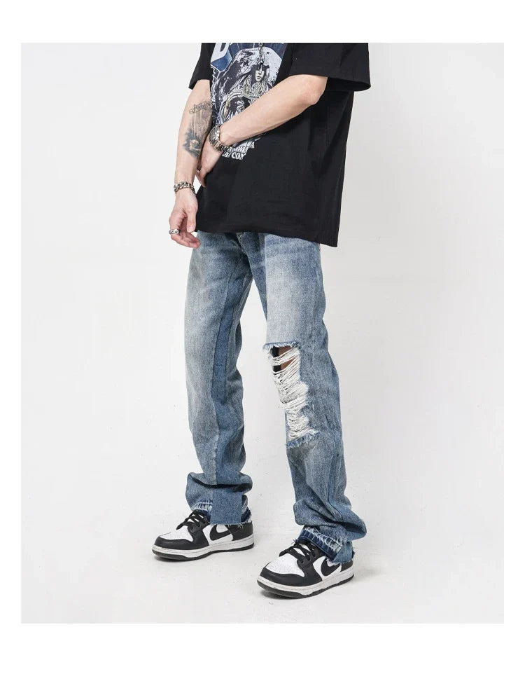 Men's straight-leg jeans with distressed detailing and a relaxed, comfortable fit