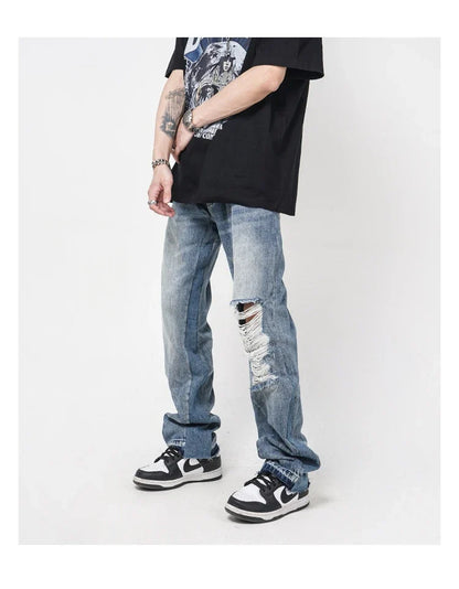 Men's straight-leg jeans with distressed detailing and a relaxed, comfortable fit