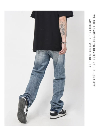 Men's straight-leg jeans with distressed detailing and a relaxed, comfortable fit