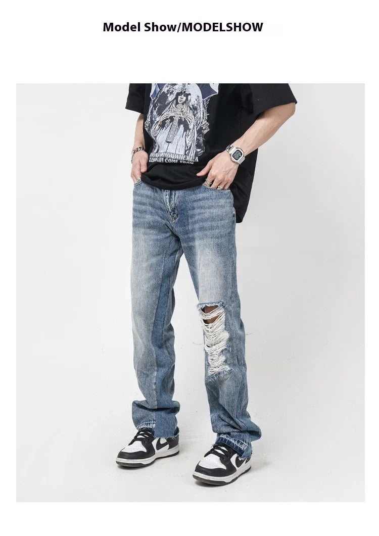 Men's straight-leg jeans with distressed detailing and a relaxed, comfortable fit