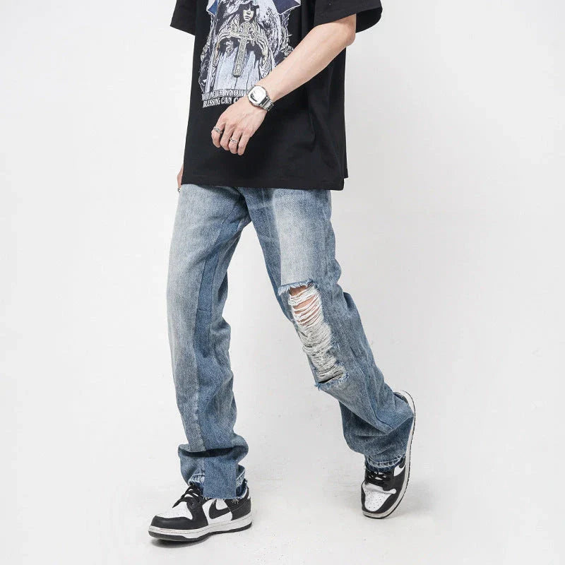 Men's straight-leg jeans with distressed detailing and a relaxed, comfortable fit